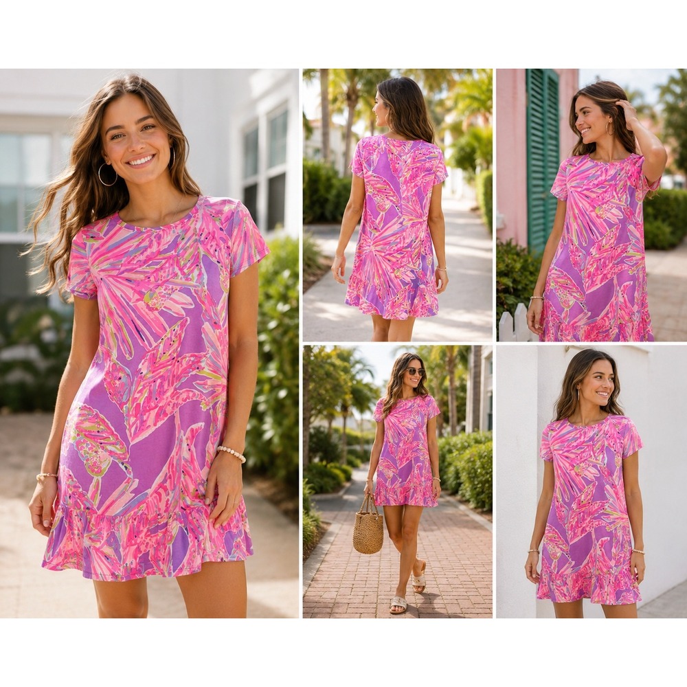 Lilly Pulitzer Dress XL Juniors 12/14 Pink Purple Cotton Swing T Shirt Resort